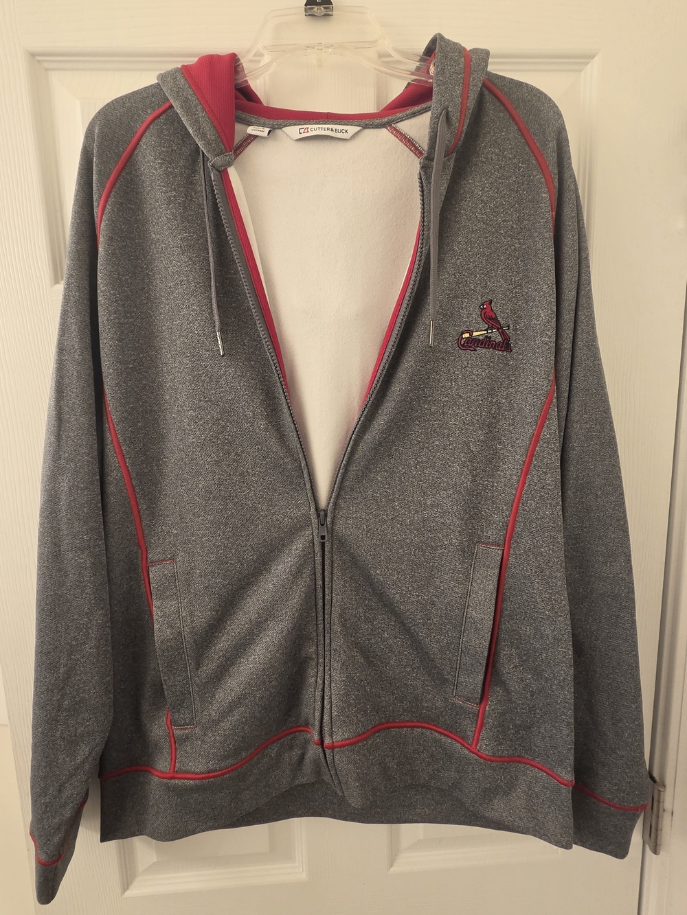 Cutter & Buck Gray Zip-Up Hoodie with Red Trim and St. Louis Cardinals Logo